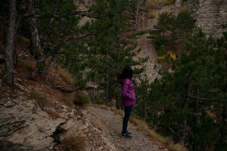 Woman in purple jacket hiking through forested mountain trail