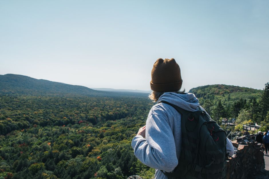 A person stands atop a hill, backpack on, marveling at the expansive forest views on a sunny summer day.